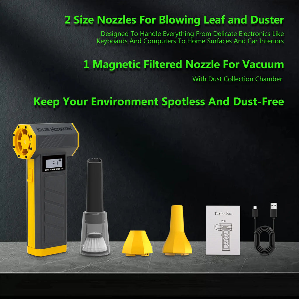 Blue Horizon 130000RPM Cordless 2-In-1 Handheld Turbo Vacuum & Jet Blower - Ultimate Cleaning Companion for Your Car, Home, and More!